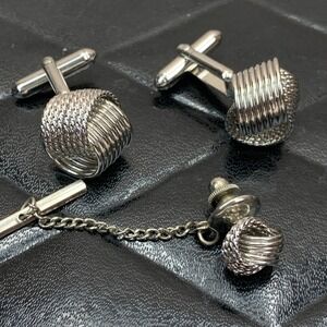 Vintage Silver Tone Woven Knot‎ Cufflinks and Tie Tack Clutch Set Mens Formal